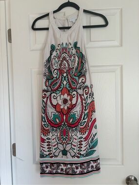New York & Company White Midi Dress with Coral and Teal Paisley Print